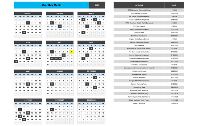 Yearly Events Calendar